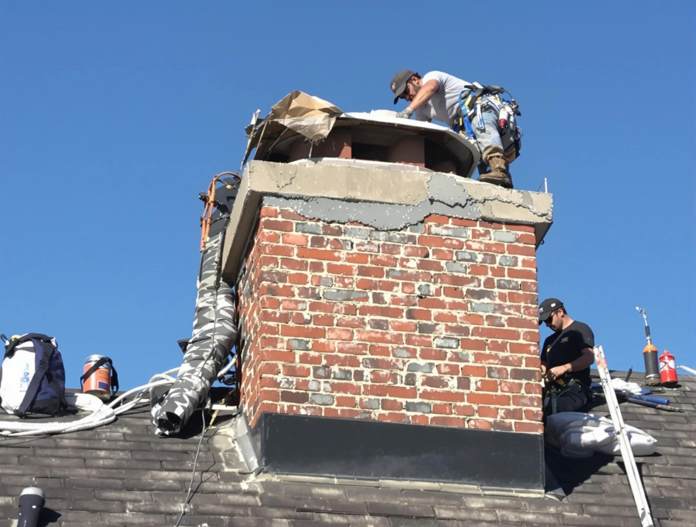 Needham Chimney Sweep installing a custom chimney crown in Needham, MA
