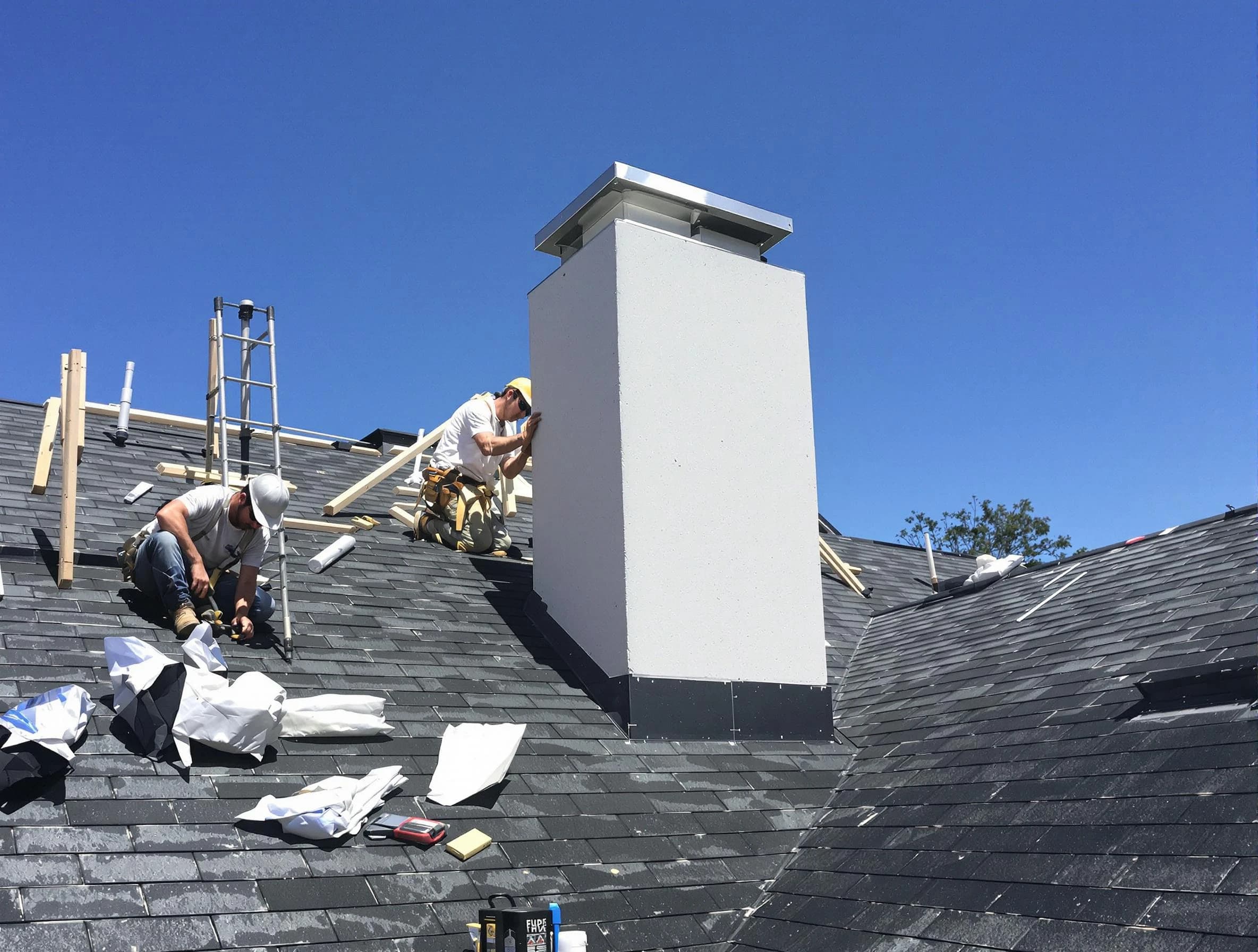 Needham Chimney Sweep crew installing a new chimney in Needham, MA