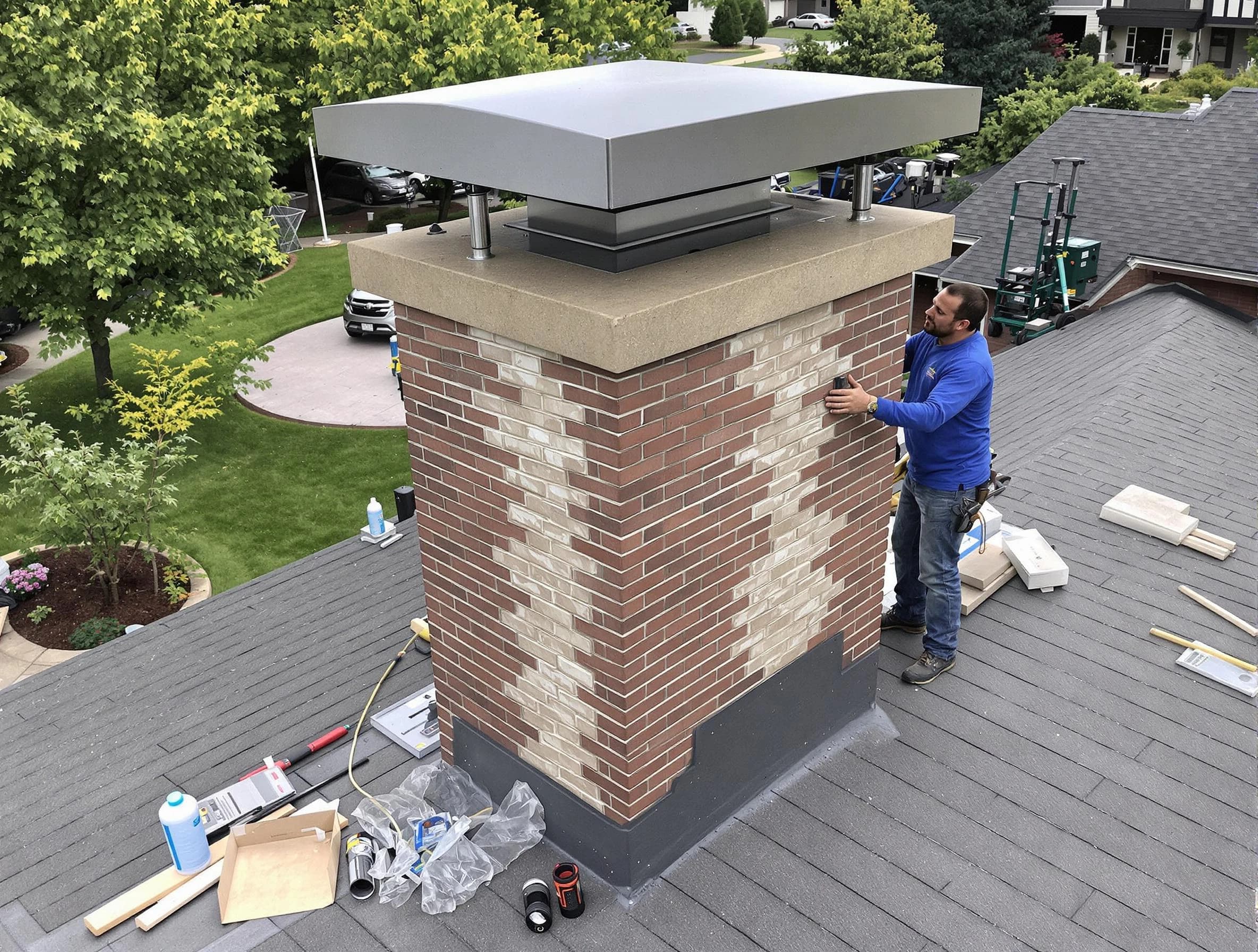 Needham Chimney Sweep team working on a custom chimney remodel in Needham, MA