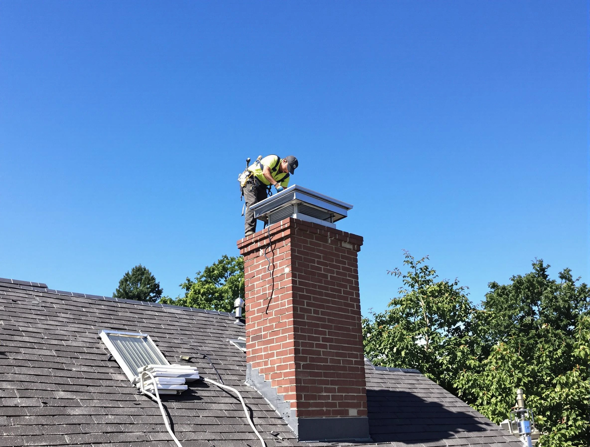Needham Chimney Sweep technician measuring a chimney cap in Needham, MA