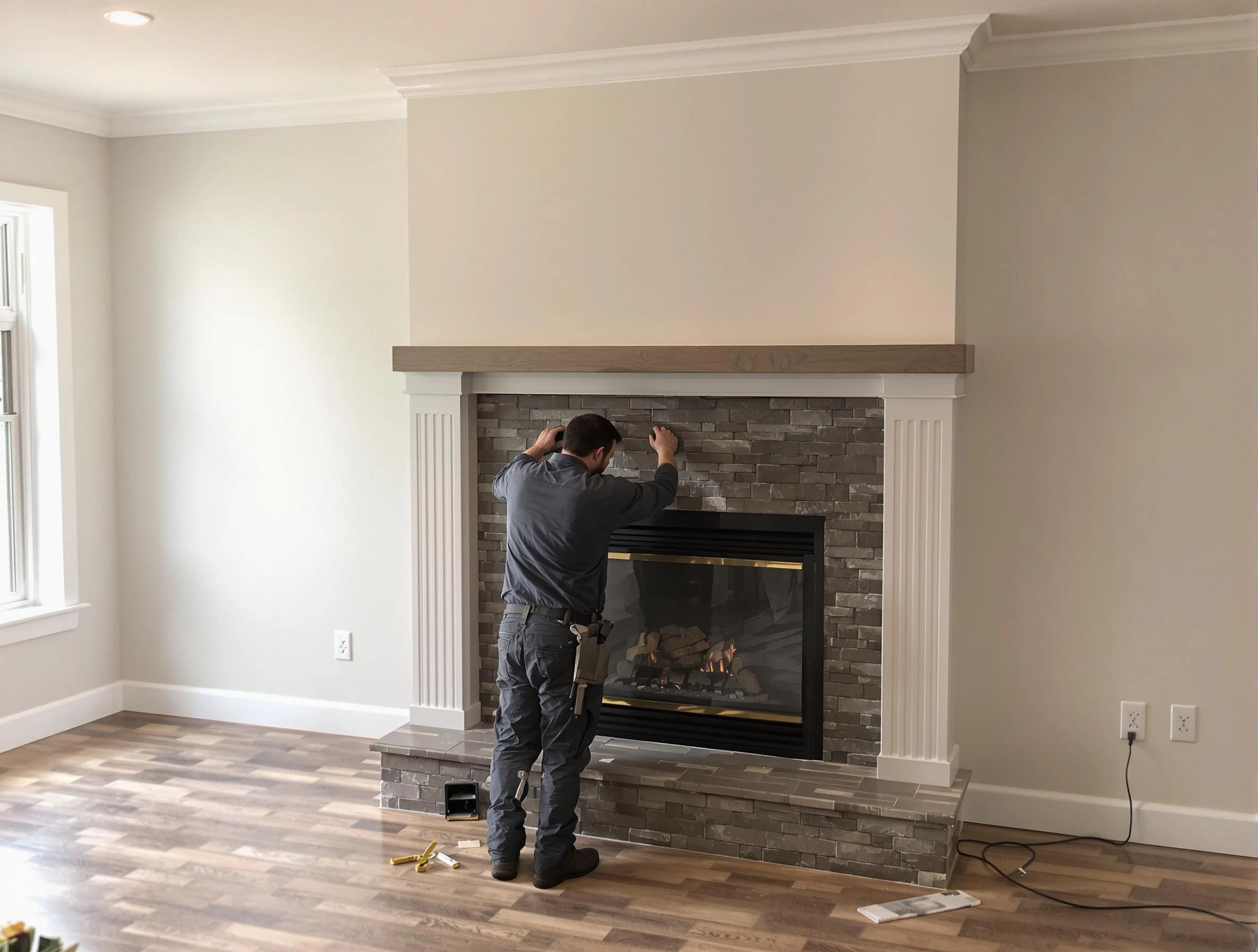 Needham Chimney Sweep finishing a custom fireplace install in Needham, MA